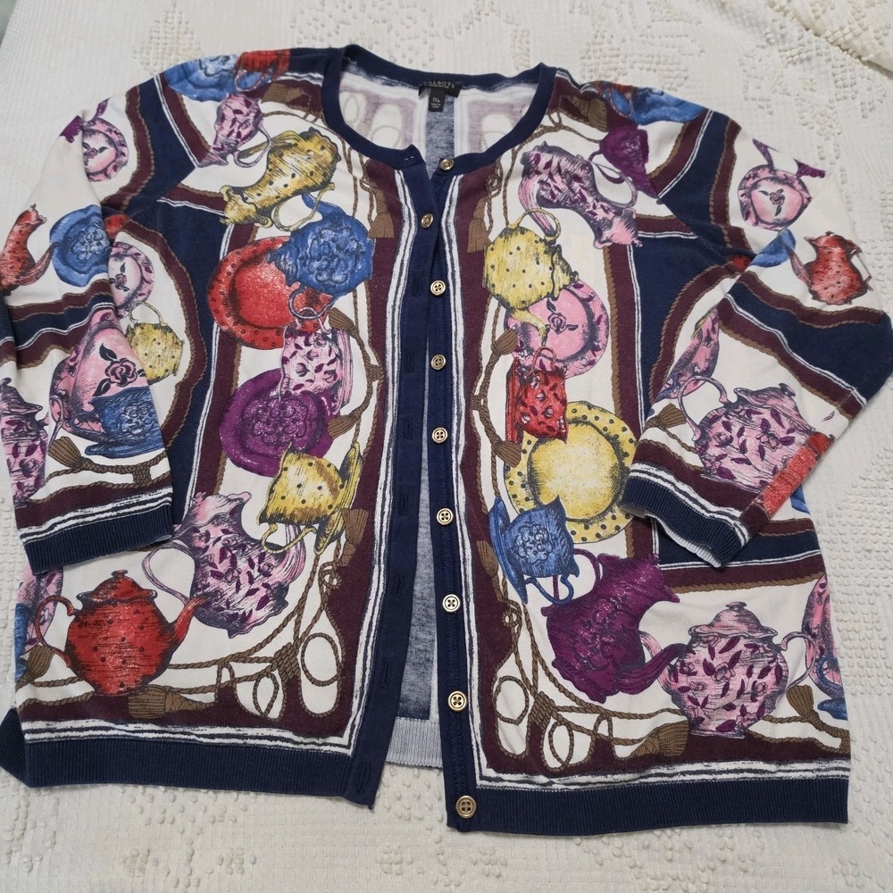 Talbots Womens Button Up Cardigan Sweater 3/4 Sleeves Size 1X Petite Teapots